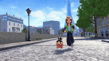a boy and a pig are walking down a cobblestone street in a city