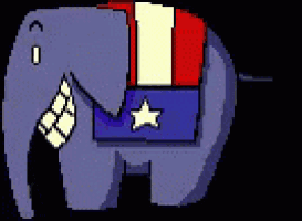 a cartoon elephant wearing a red white and blue shirt with a star on it