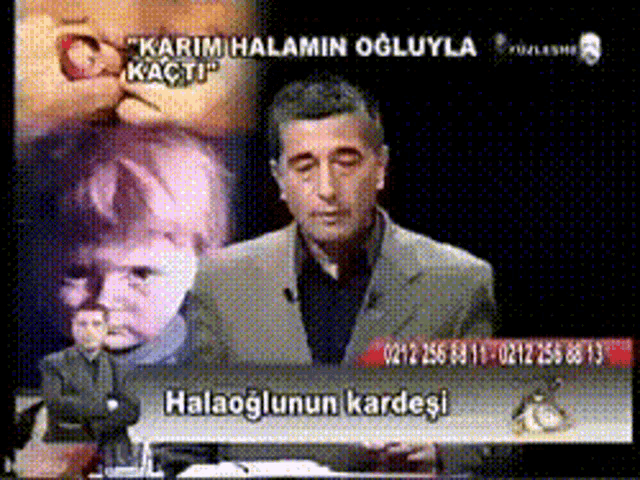 a man in a suit stands in front of a screen that says halaoglunun kardesi