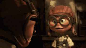a cartoon character from up is wearing glasses and a hat