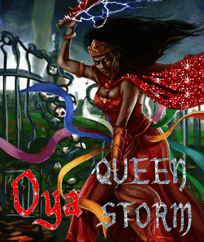 a painting of a woman holding a sword with the words queen storm written in red