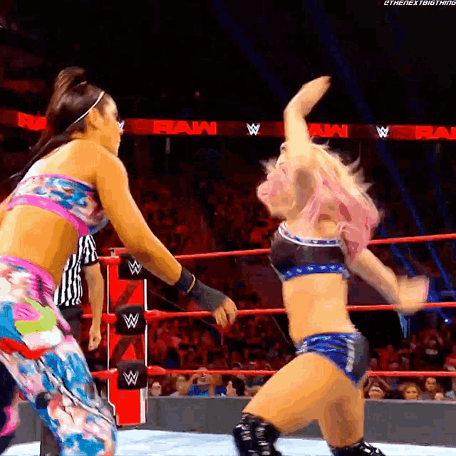two women are fighting in a wrestling ring with the word raw visible in the background
