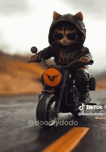 a cat wearing sunglasses is riding a motorcycle on a road with tiktok written on the bottom