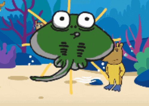 a cartoon drawing of a stingray and a man in a yellow wetsuit