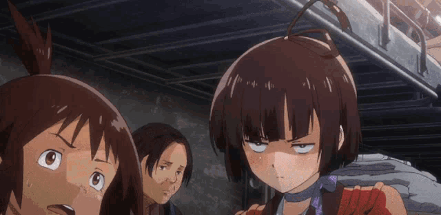 a group of anime characters including a girl with short hair making a funny face