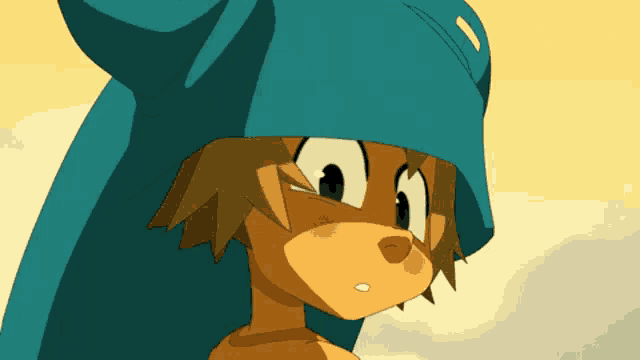a close up of a cartoon character with a blue hat on his head