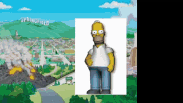 homer simpson is standing in front of a city with the word springfield on it
