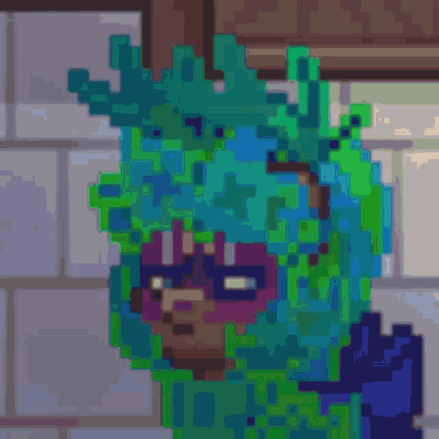 a pixel art drawing of a statue of liberty wearing glasses and a mask .