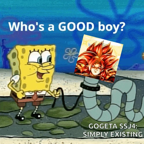 a cartoon of spongebob and a worm with a picture of gogeta ssj4