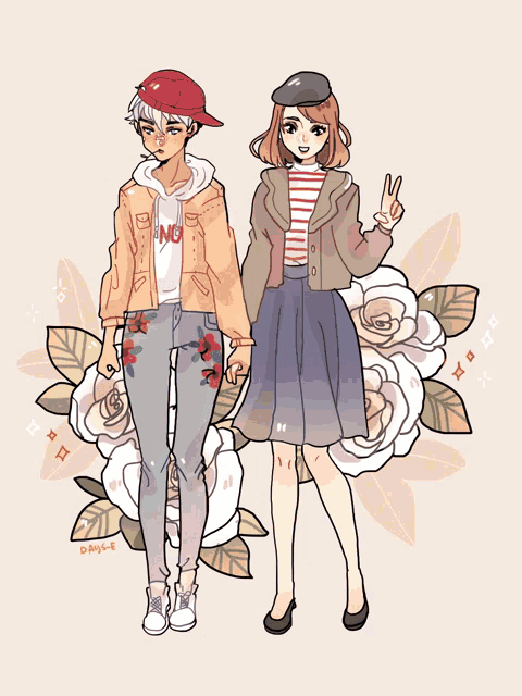 a drawing of two girls standing next to each other has the letters d and s on the bottom