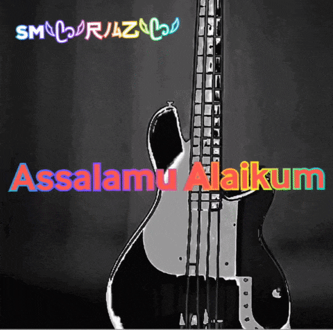 a black and white guitar with the words " assalamu alaikum " on the bottom