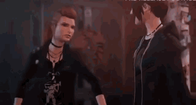 a woman with red hair is standing next to a man in a video game .