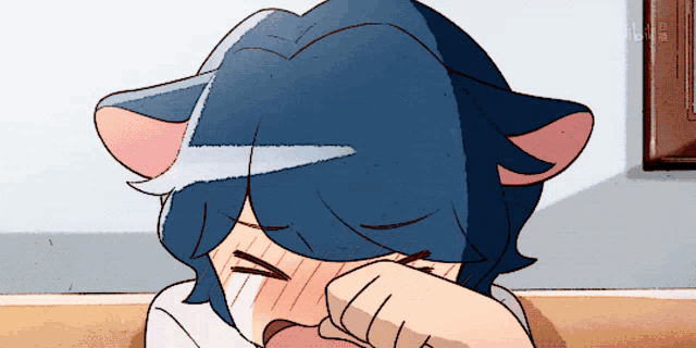 a cartoon character with blue hair and pink ears covering her face with her hand