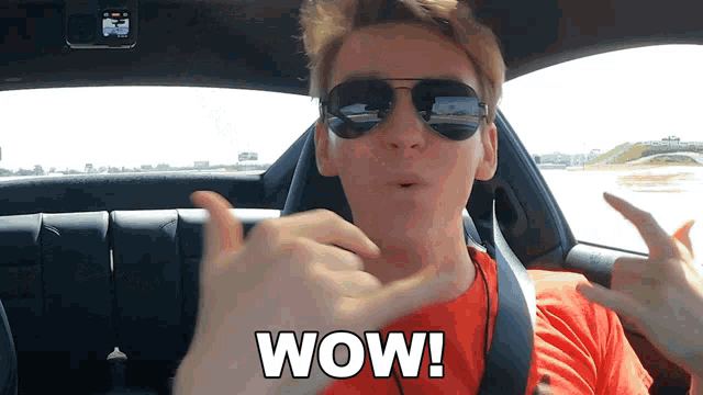 a man wearing sunglasses is sitting in a car with the word wow on the screen