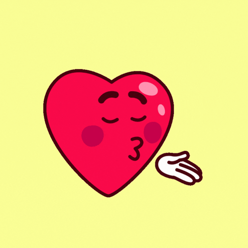 a cartoon heart is blowing a kiss with a hand nearby