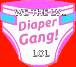 a pink diaper with the words `` we the lv ... diaper gang ! lol '' on it