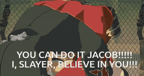a cartoon character says " you can do it jacob !!! "