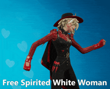 a woman in a red and black outfit with the words " free spirited white woman " below her