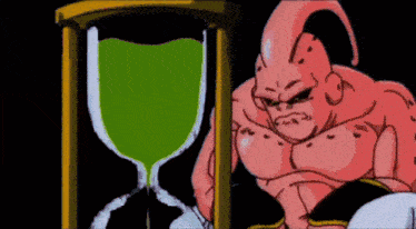 a cartoon character is standing next to a hourglass with green liquid coming out of it