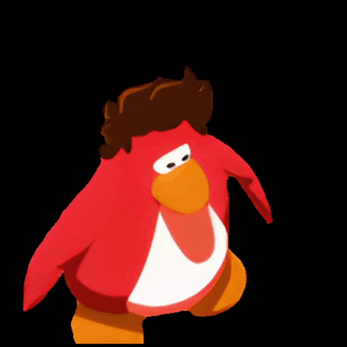 a red penguin with brown hair and a white shirt on a black background