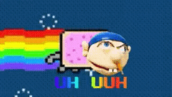 a cartoon character is flying through the air with a rainbow coming out of his mouth .