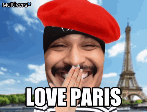 a man wearing a red beret with the words love paris on the bottom