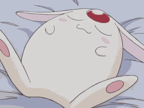 a cartoon rabbit with pink ears and a red eye