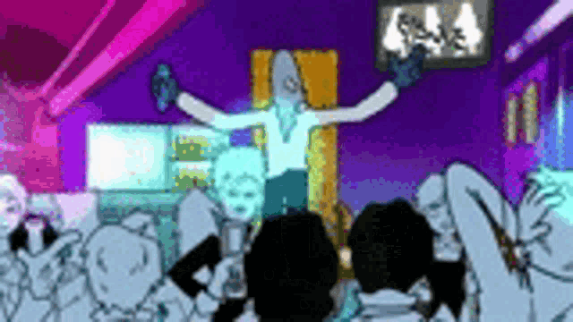 a cartoon of a man standing in front of a crowd of people in a club .