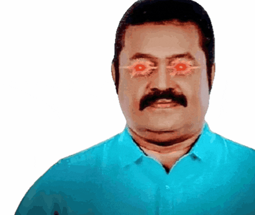 a man with a mustache is wearing a blue shirt with red eyes