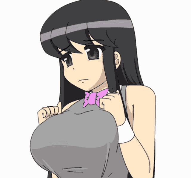 a girl with long black hair and purple eyes is wearing a gray tank top