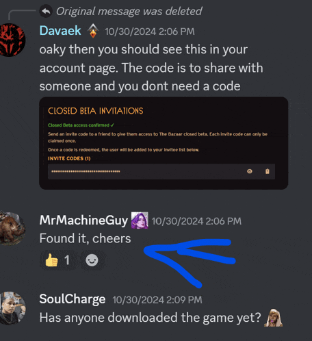 a screenshot of a discord conversation with a closed beta invitation