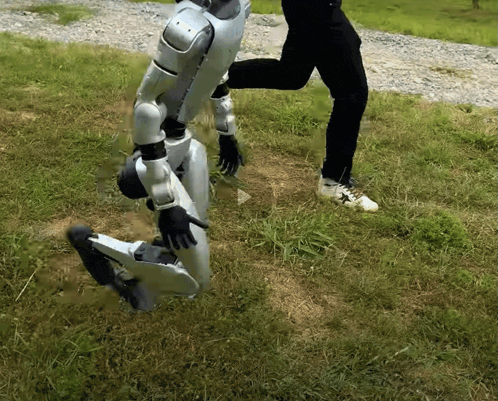 a person walking next to a robot in a grassy field