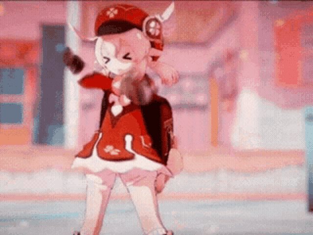 a cartoon character in a red and white outfit is standing in front of a pink building