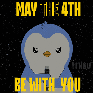 a penguin holding a light saber with the words may the 4th be with you below it