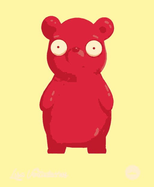 a red teddy bear with a yellow background and the name lisa vertudaches