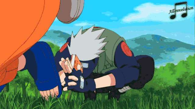 a cartoon of a man kneeling in the grass with the words allrevolution written below him