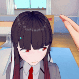 a person is touching a girl 's head in a room