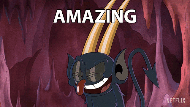 a cartoon character with horns and a tongue sticking out with the words amazing above it