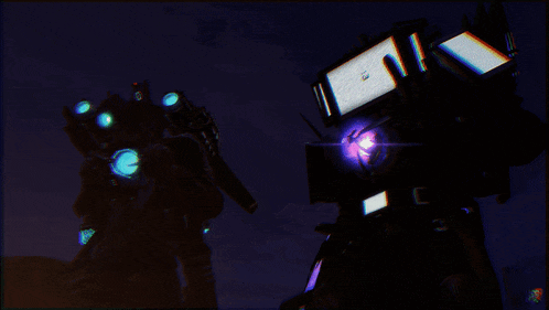 two robots are standing next to each other and one of them has a purple light on it