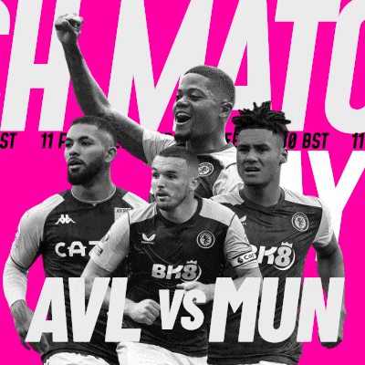 a group of soccer players on a pink background with the headline avl vs mun