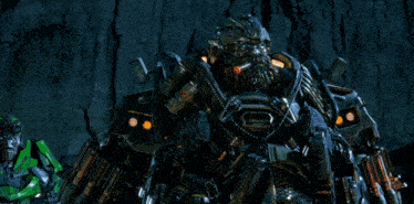 a robot with a beard is holding a gun and has a red sticker on it