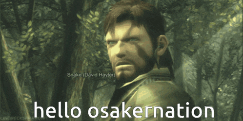 a man with a beard is standing in a forest with the words hello osakernation below him