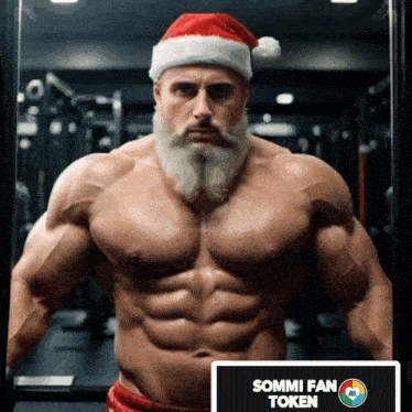 a very muscular man with a santa hat on has sommi fan token on the bottom