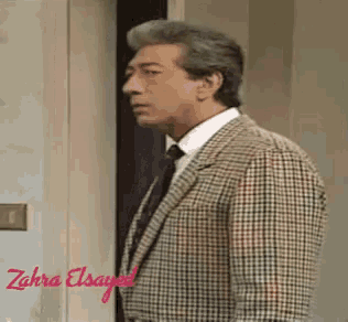 a man in a plaid suit and tie is standing in front of a door with zahra elsayed written on it
