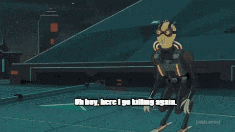 a robot is standing on a runway and says oh boy here i go killing again .