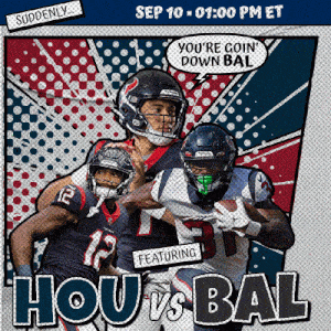a poster for hou vs bal featuring two texas football players
