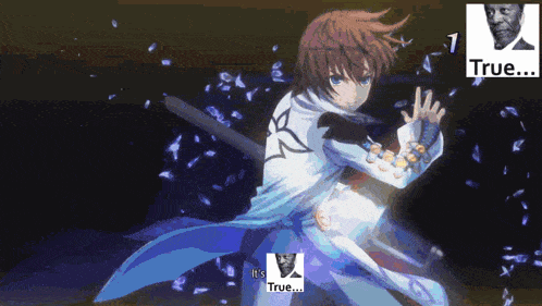 a cartoon of a boy with a sword and the words true on the bottom
