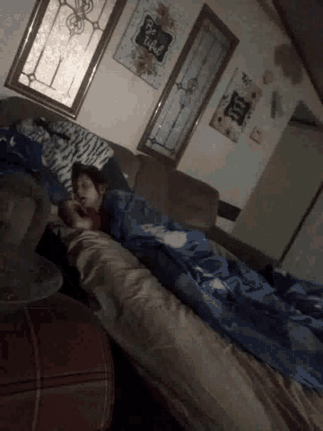 a person is laying on a couch in a living room with a blue blanket .