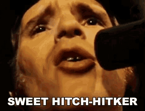 a close up of a man singing into a microphone with the words `` sweet hitch-hitker '' written next to him .