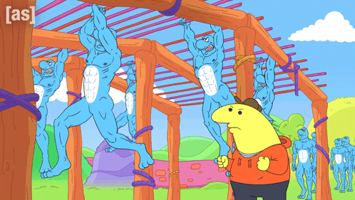 a cartoon shows a man standing in front of a group of blue men hanging from a rope